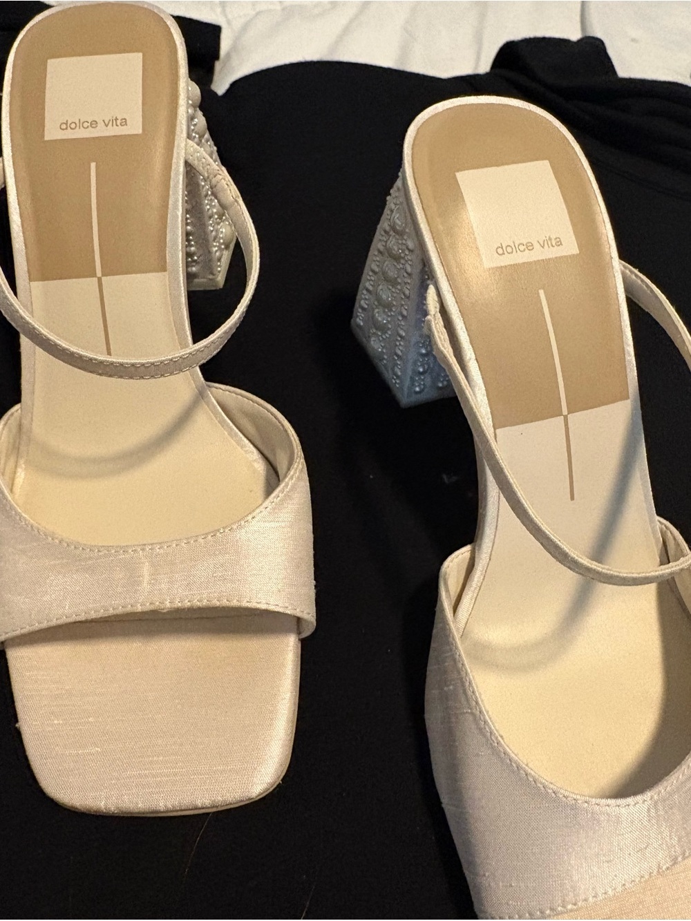 Dolce Vita Jemmy Ivory Satin Block Heel Sandals with Pearl-Embellished Heel - Picture 8 of 13